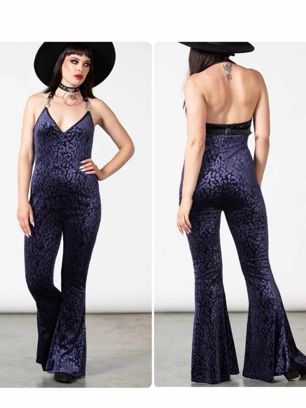 Killstar Midnight Velvet Leopard-Print Flared Jumpsuit